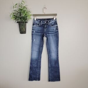 Silver 24 Elyse Slim Boot Flap Pocket Distressed Medium Wash Stretch Jeans